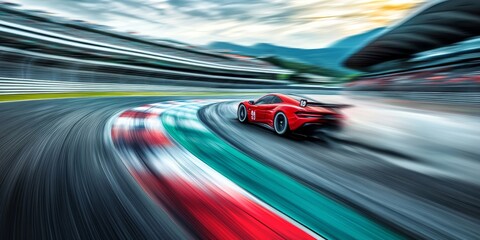 Obraz premium A dramatic image of a race car speeding around a track with blurred surroundings, showcasing the speed and intensity of competitive racing and the thrill of motion