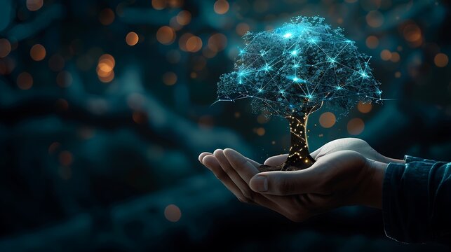 Hand holding a digital tree made of glowing lines, representing growth and connection in the digital world.