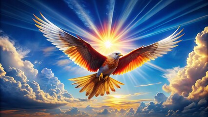 Obraz premium Vibrant, stylized illustration of a soaring bird in mid-flight, wings outstretched, against a bright blue sky with puffy white clouds and sun rays.