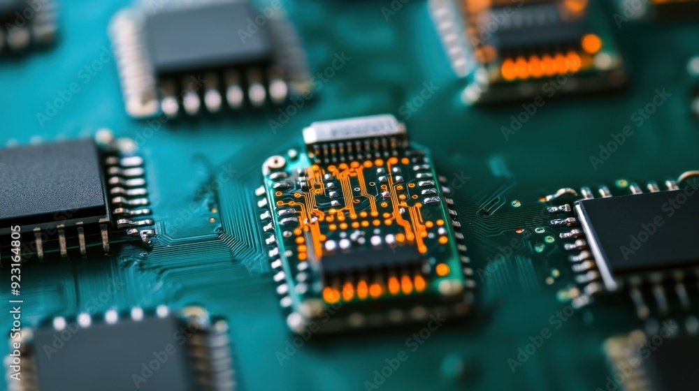 Poster close-up of a printed circuit board with intricate microchips and circuits, highlighting modern tech