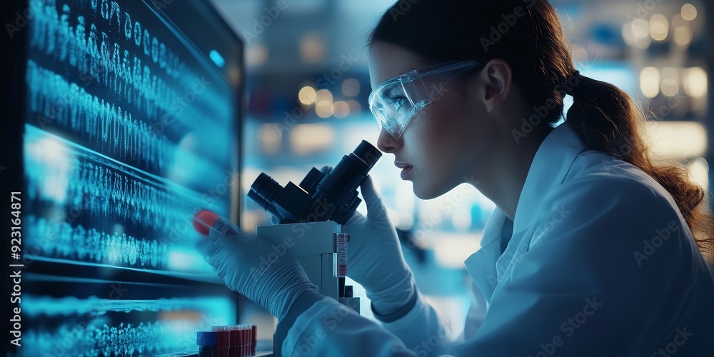 Poster a captivating image of a scientist conducting genetic research, with a focus on analyzing dna sample
