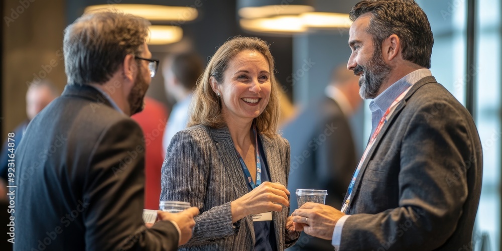 Poster professional business leaders at a networking event exchanging ideas and forming strategic partnersh