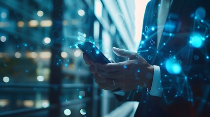 Businessman using a smartphone with a digital network overlay. The image represents connectivity, data transfer, and technology.