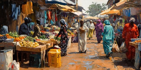 A lively market scene with vendors and shoppers moving about, creating a vibrant and dynamic atmosphere filled with activity and the hustle and bustle of daily commerce
