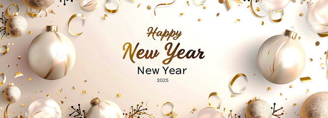 A festive New Year's Eve greeting card featuring sparkling gold and white ornaments, confetti, and a celebratory banner with the year 2025