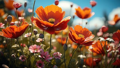 A field of wild poppies swaying in the wind