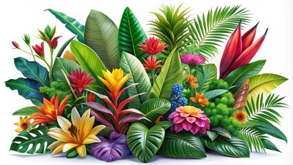 Fototapeta premium Vibrant tropical plants with lush green leaves and colorful blooms arranged artfully against a crisp white background, evoking a sense of serenity and exotic beauty.