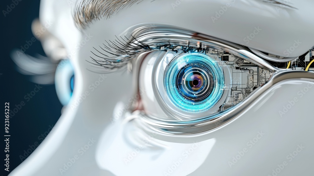 Poster futuristic robotic eye with intricate circuitry and glowing components, showcasing advanced technolo