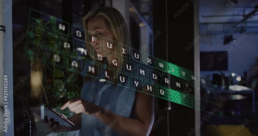 Poster typing on virtual keyboard animation over woman using smartphone in office
