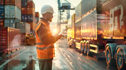 A logistics worker uses a tablet to oversee operations amidst towering shipping containers at dusk, ensuring smooth transportation processes