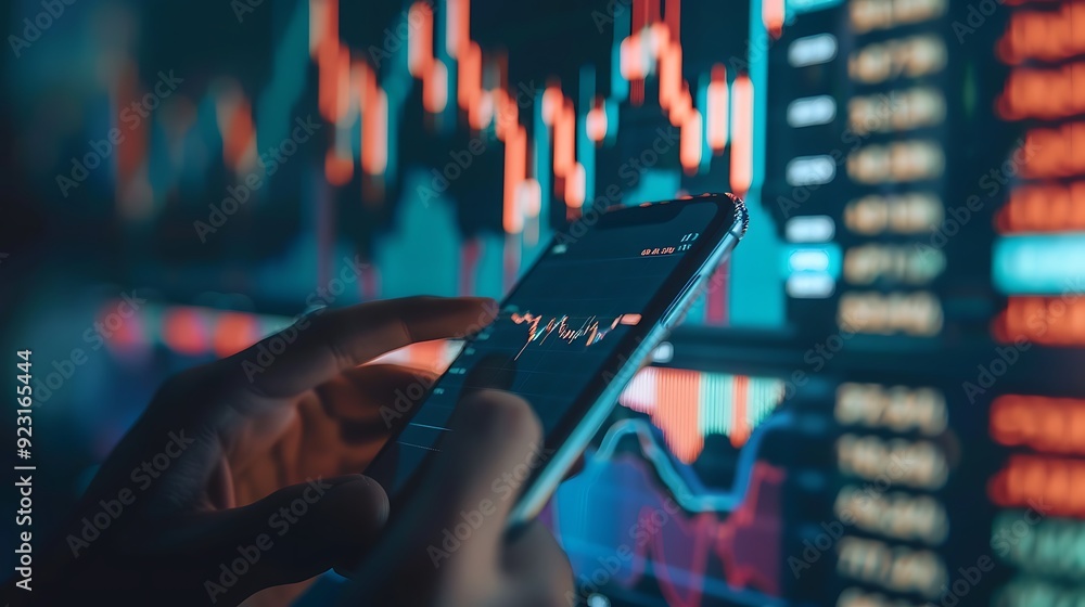 Poster hand holding a smartphone with a stock chart displayed on the screen, in front of a large monitor di