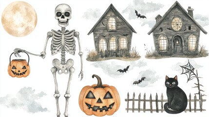 Obraz premium Spooky Halloween Watercolor Illustration with Skeleton, Jack-o'-lantern, Haunted House, Black Cat, and Full Moon on White Background