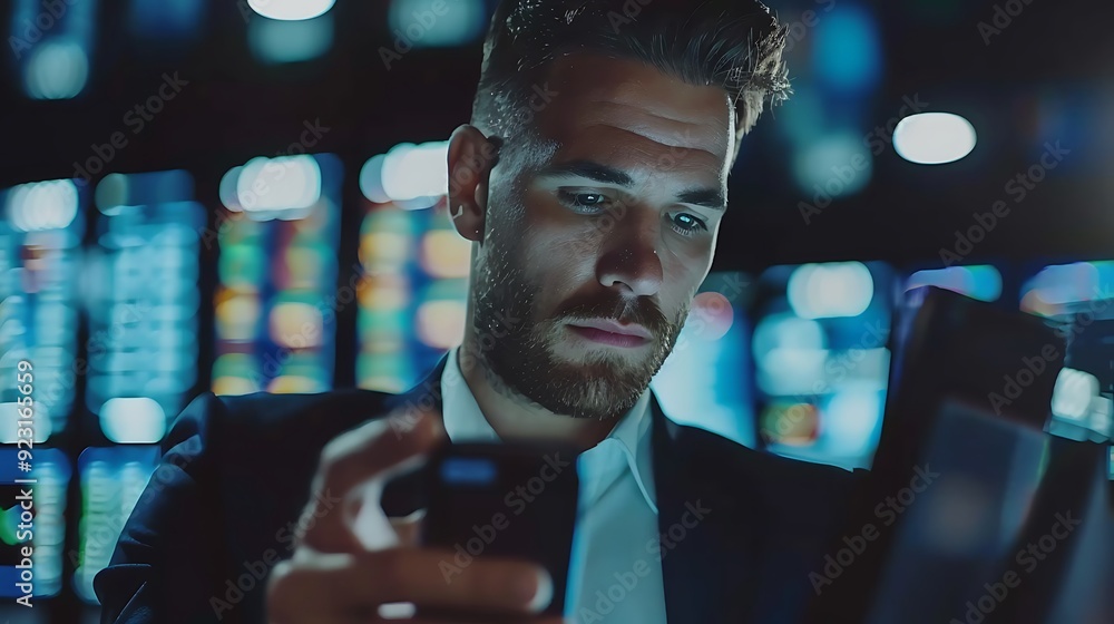 Poster businessman is using a smartphone in a trading room with data screens in the background.