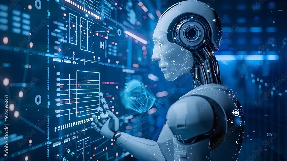 Poster futuristic robot interacts with a digital interface, showcasing technological advancements and the p