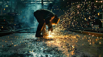 A professional welder works diligently, igniting sparks in a factory setting, showcasing mastery and precision in metal fabrication