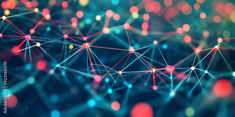 Poster a vibrant digital network visualization with interconnected nodes and data streams, illustrating the