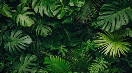 Vibrant collection of green leaves showcasing tropical foliage and nature's beauty in a lush, serene environment.