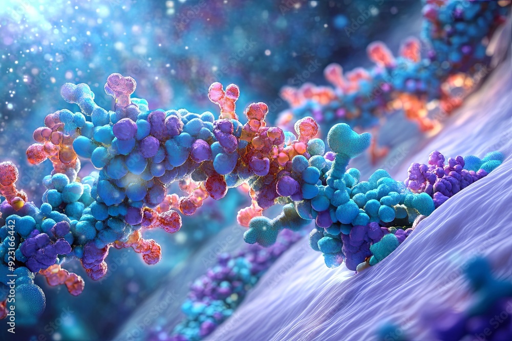 Poster colorful abstract depiction of molecular structures showcasing biochemical interactions in a vibrant
