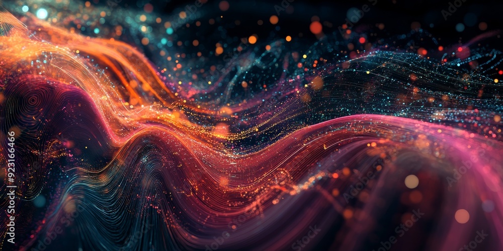 Poster a vibrant digital network visualization with interconnected nodes and data streams, illustrating the