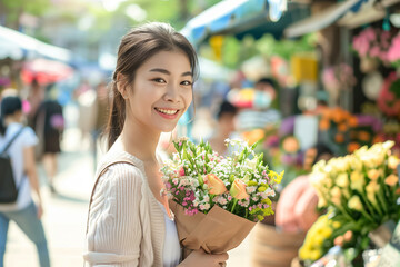 Fototapeta premium Young woman is holding a bouquet of flowers just purchased at an outdoor flower market and smiling