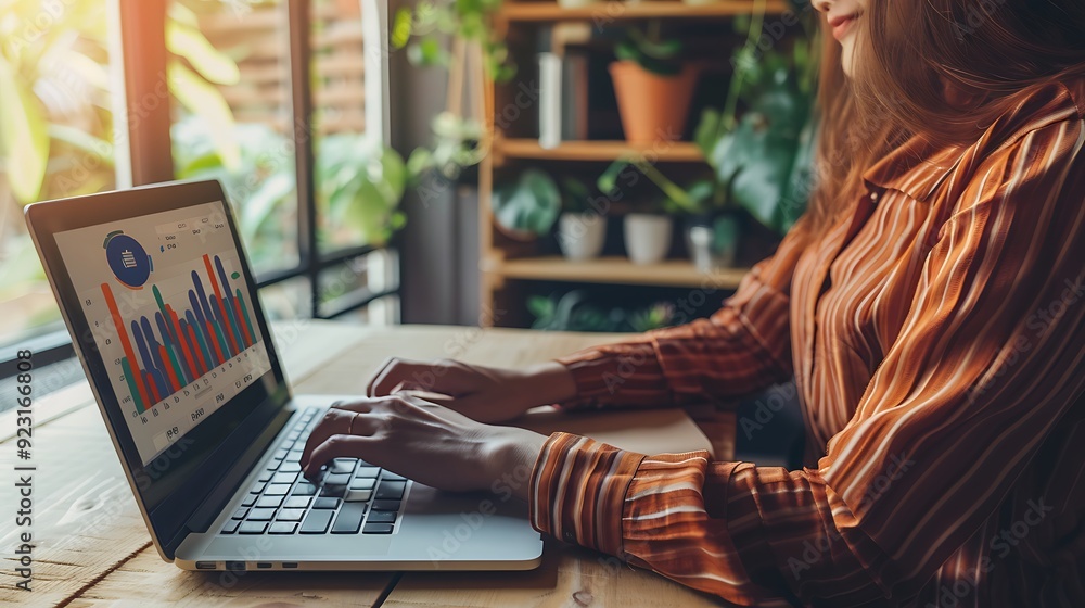 Poster woman sitting at a desk working on a laptop with graphs and charts displayed on the screen, showcasi