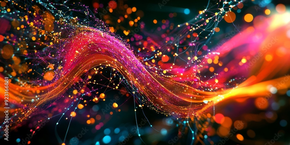 Poster a vibrant digital network visualization with interconnected nodes and data streams, illustrating the