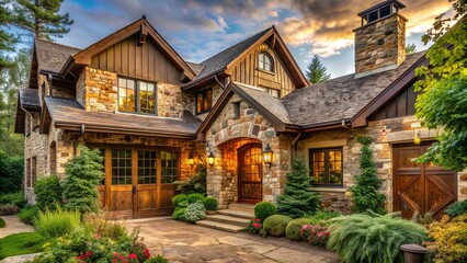Fototapeta premium Weathered stone siding clads a rustic exterior, blending seamlessly with surrounding foliage, as rough-hewn textures and earthen tones evoke a sense of natural, timeless elegance.