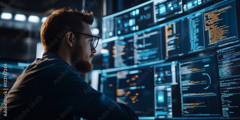 Aufkleber computer programmer working on a sophisticated software project, surrounded by multiple screens displaying code, data analytics, and development tools, emphasizing the technical aspects of innovation
