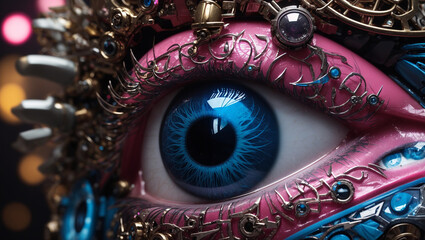 Fototapeta premium This is a close-up of a blue eye with a pink and metallic design around it.