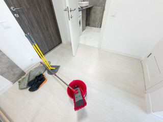 Mop stands against the wall and floor cleaning of production facilities. Household chores and hygiene of sanitary facilities.