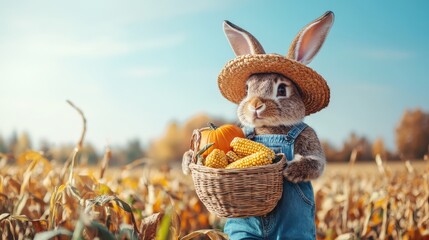 Fototapeta premium A rabbit wearing a straw hat and overalls collects corn and a pumpkin in a basket on a bright autumn day amidst golden fields
