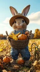 A rabbit dressed as a farmer gathers pumpkins and corn in a colorful autumn field under a bright blue sky