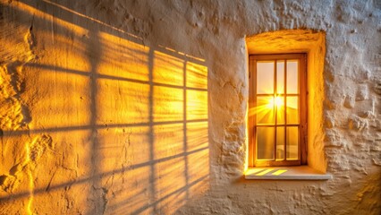 Obraz premium Warm sunlight streaming through a window and casting a bright, golden glow on a textured, whitewashed wall, creating a sense of serenity and calmness.