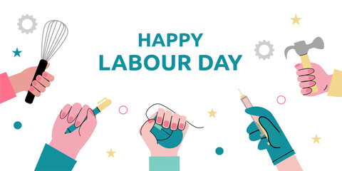 Happy Labour day. Labour Day May background. America US Labor Day September. Cartoon vector illustration. Design For Poster, Banner. Flyer, Greeting Card. Celebrating hard work and dedication.