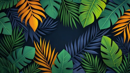Vibrant tropical leaves frame a dark background, creating a lush, natural atmosphere ideal for design and decoration.