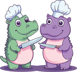 Chef Hippo and Crocodile Illustration