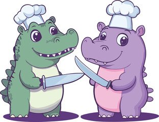 Chef Hippo and Crocodile Illustration