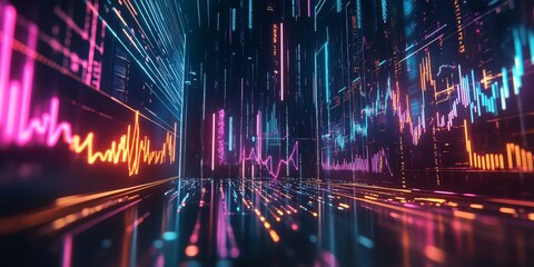 Obraz premium A futuristic representation of interest rates with neon-lit symbols and graphs floating in a dark space indicating the dynamic nature of financial markets