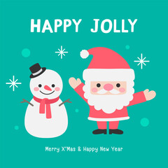 Kids hand drawn Merry Christmas and happy new year greeting card with cute Santa Claus and snowman