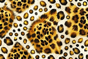 Vibrant and playful leopard pattern illustration with bold black spots and golden fur on a white background, perfect for fashion and design projects.