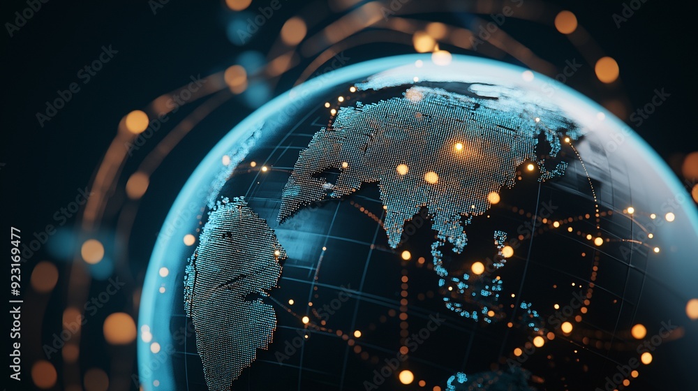 Wall mural global connectivity: a 3d rendered earth illuminated by data streams