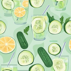 Seamless pattern of refreshing cucumber and melon juices with cool, soothing colors
