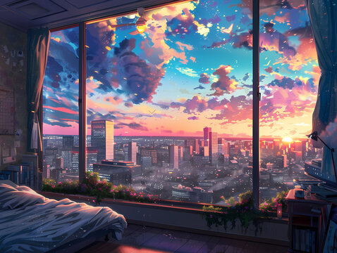 bedroom window with city view at sunset illustration, beautiful lof animei background