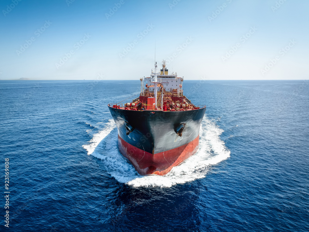 Wall mural front view of a chemical goods or oil tanker sailing with speed over the ocean