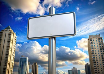 A blank urban street sign mounted on a pole against a cloudy blue sky, awaiting direction or instruction in a modern cityscape.