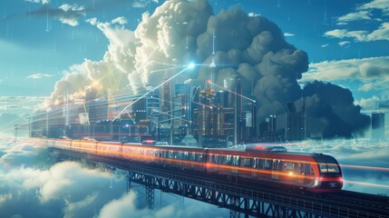 A train is traveling through a city with a bridge in the background