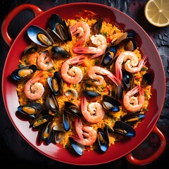 seafood paella in a pan