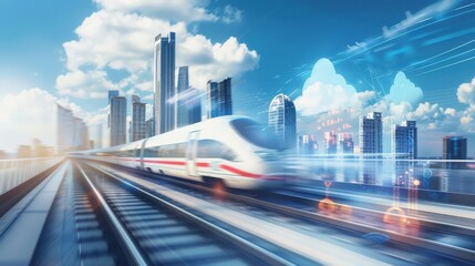 Obraz premium A train is speeding down a track in front of a city skyline