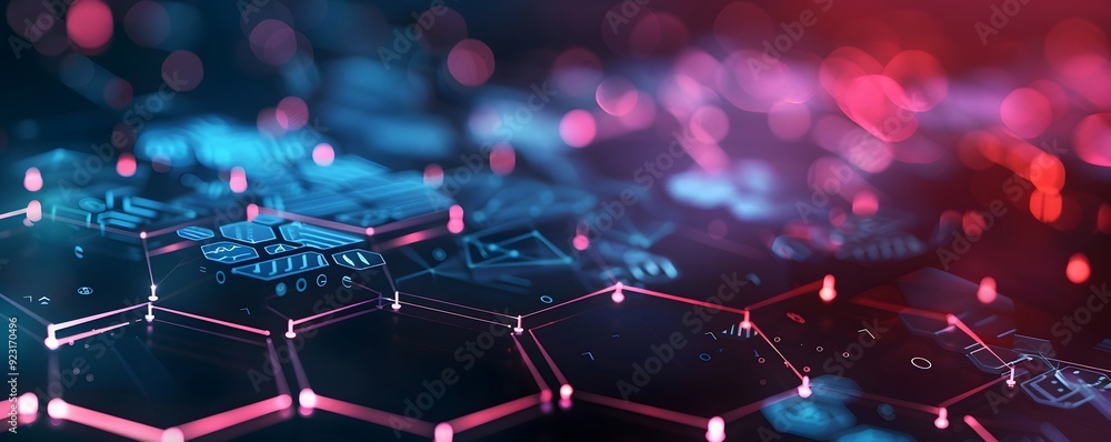 Poster abstract digital hexagonal network with glowing lines and bokeh