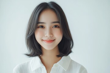 Fototapeta premium Portrait of a happy woman, her eyes meeting the camera with a self-assured smile, set against a neutral backdrop.